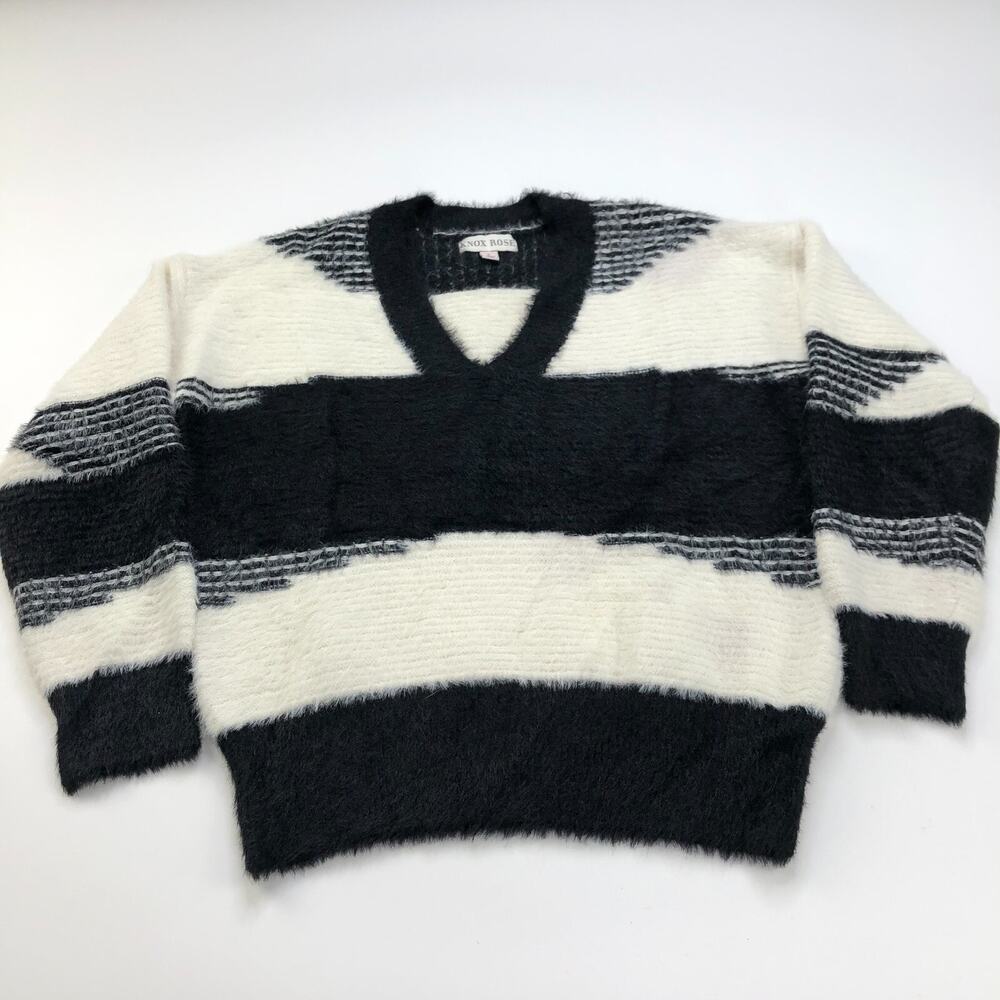 Knox Rose Large Women's Zip V-Neck Pullover Fuzzy Furry Sweater